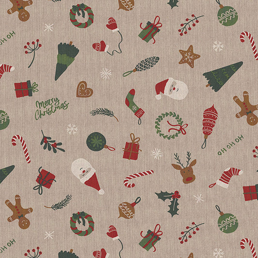 Half Panama Premium Stoff „Xmas Decoration Mix“ mit bunten Weihnachtsdekorationen. Robuster Dekostoff, ideal für Kissen, Tischwäsche und Säckchen.