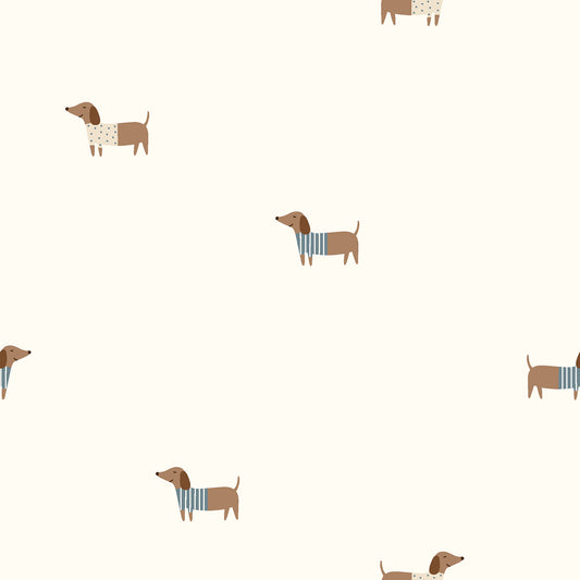 Jersey “Cozy Dachshunds” mit kleinen Dackeln im Pullover. Weicher, elastischer Stoff für Kinderkleidung und Accessoires.