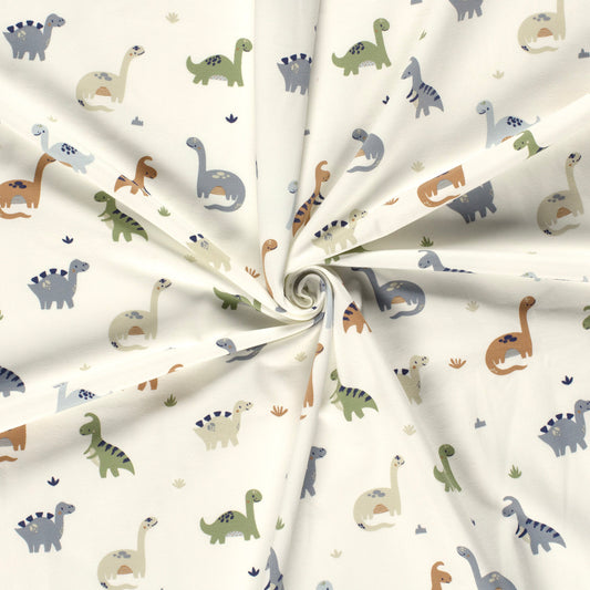 Kinderjersey mit kleinen Dinosauriern. Weicher, elastischer Stoff für Kindermode wie Shirts, Hosen, Kleider und Schlafanzüge.
