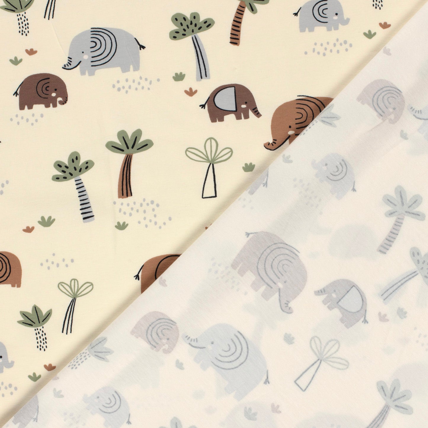 Kinderjersey mit Elefantenmotiv. Weicher, elastischer Baumwolljersey, ideal für Kindermode wie Shirts, Hosen und Kleider.