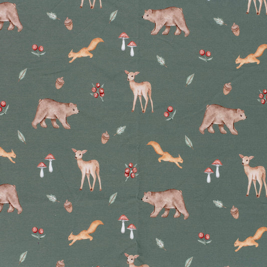French Terry Stoff mit Waldtieren. Elastisch, weich und ideal für Kinderkleidung wie Hoodies, Hosen, Kleider oder Accessoires.