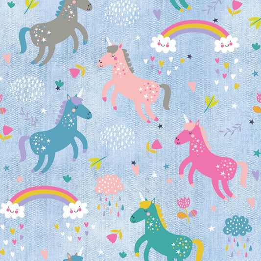 Softshell “Unicorn Rainbow” in Jeansoptik mit bunten Einhörnern & Regenbögen. Rückseite flauschig hellblau. Ideal für Jacken & Overalls.