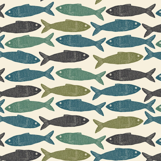 Baumwollstoff Cotton + Steel Riverbank – Upstream Trout mit Fischmotiv auf cremefarbenem Grund