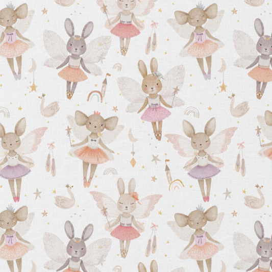 Baumwolle „Bunny Fairies“ – Kinderstoff mit Häschen-Elfen in Pastell