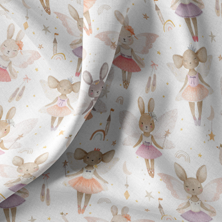 Bedruckte Baumwolle Bunny Fairies, märchenhaftes Motiv, ab 10 cm bestellbar