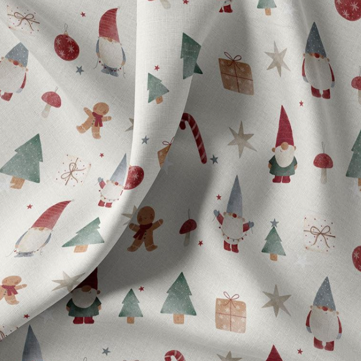 Baumwollstoff „Christmas Classic“ – Weihnachtsstoff in Aquarelloptik, Creme, Grün & Rot mit festlichen Motiven.