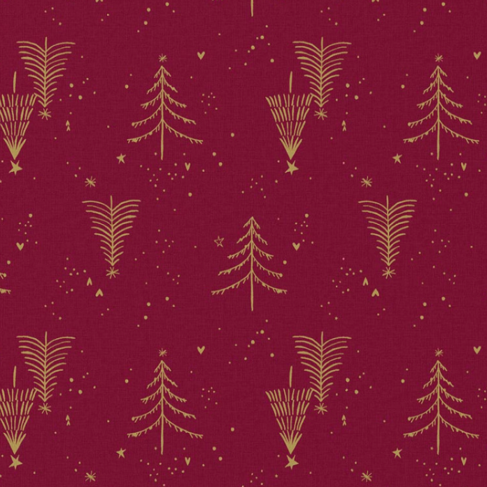 Weihnachtsstoff Canvas – rot mit goldenen Weihnachtsbäumen