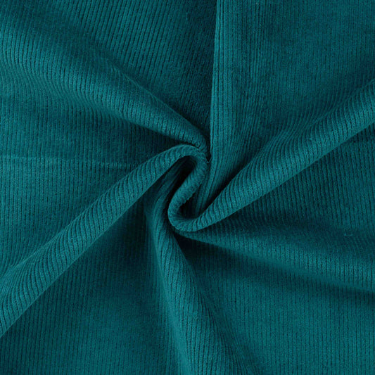 Gewaschener Breitcord Stoff, Baumwolle mit 3% Spandex, 320 g/m² – Farbe petrol – elastisch, weich und robust für Kleidung und Accessoires.