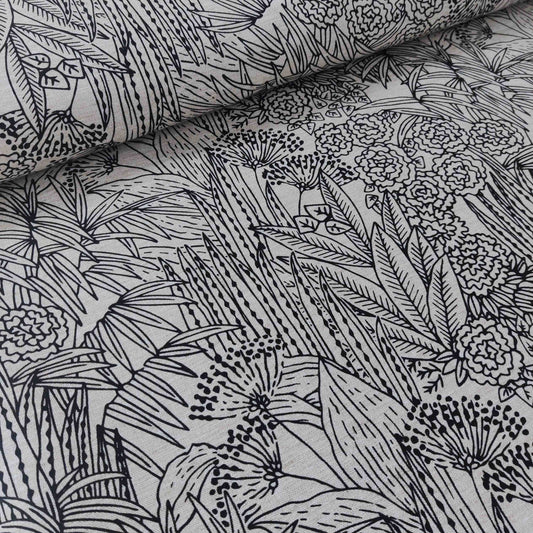 Polyester Dekostoff schwarz mir Pflanzen