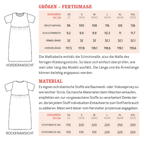 Schnittmuster T-Shirtkleid mit gekräuseltem Rockteil Frau Carol