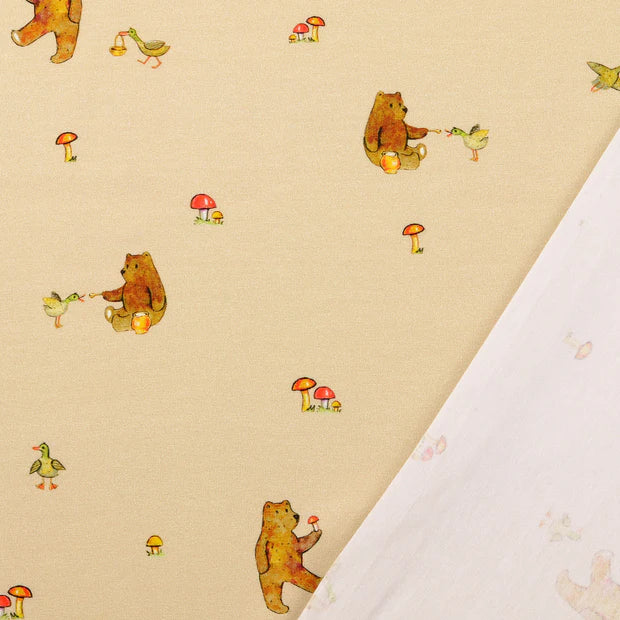 Jerseystoff beige braun mit Bären, Enten und Pilzen – Baumwolljersey mit Elastan