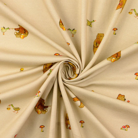Jerseystoff beige braun mit Bären, Enten und Pilzen – Baumwolljersey mit Elastan
