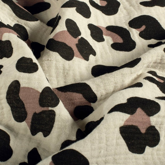 Musselin Leo Natur-Taupe – Baumwollstoff mit Leopardenmuster
