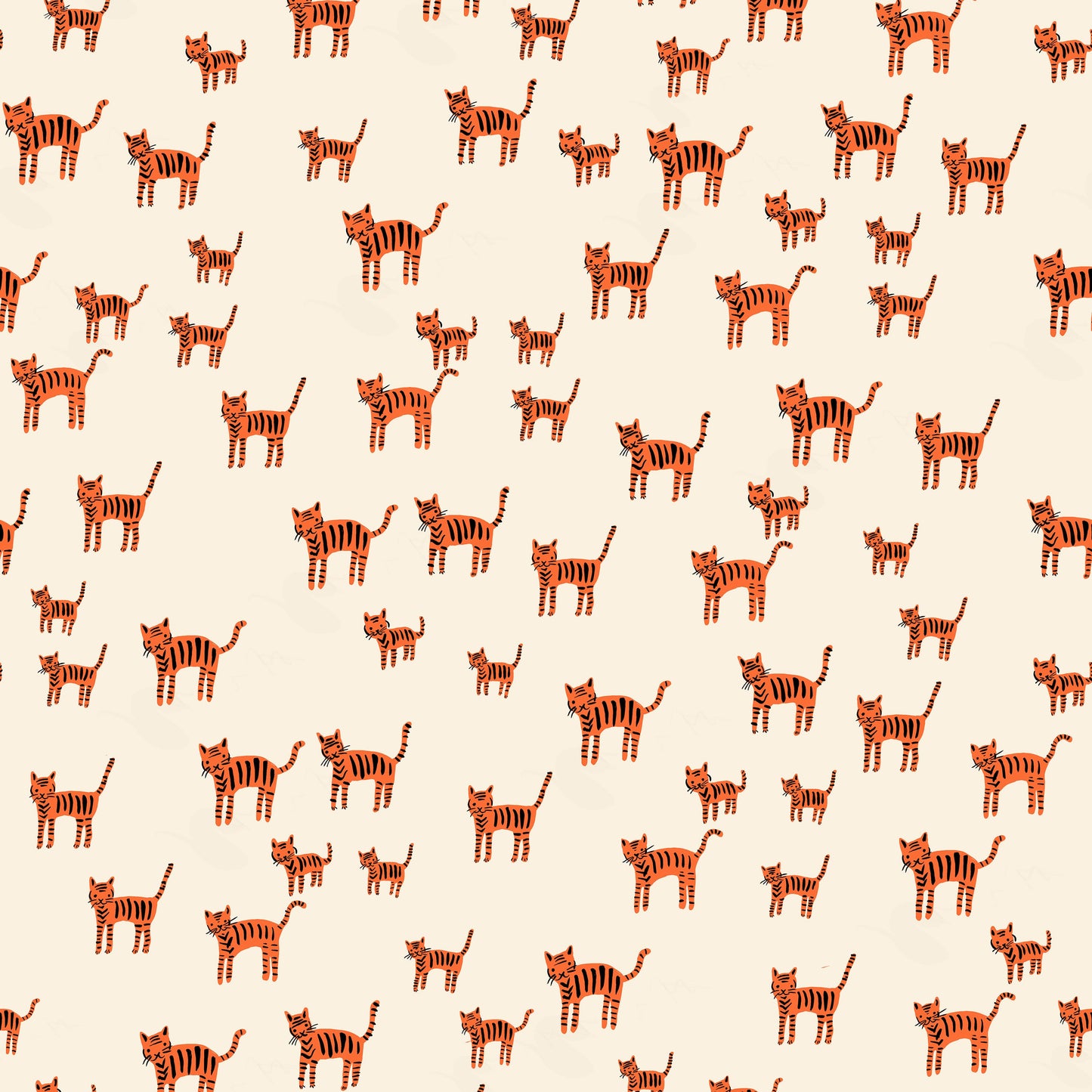 Baumwollstoff „Catnap – Tigerstripe Cats“ – kleine handgezeichnete Tigerkatzen auf ungebleichter Baumwolle