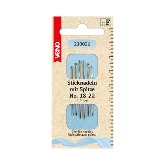 Veno Sticknadeln mit Spitze No. 18–22 – 6 Stück, Goldöhr – präzise Nadeln für Stickarbeiten & feine Handarbeiten.