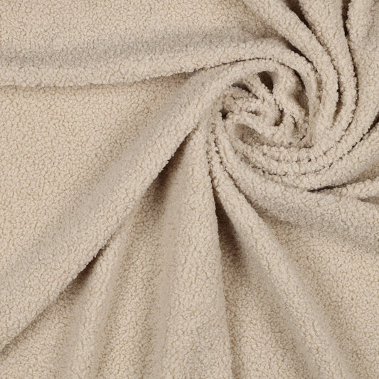 Teddy Faux Fur Stoff beige, 270 g/m² – weiche Bouclé-Optik, ideal für Jacken, Mäntel und Accessoires.