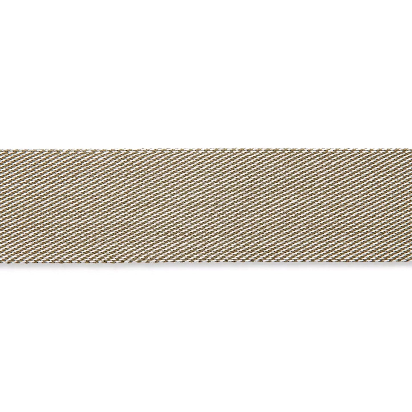 Prym Taschengurtband 40 mm mit einfarbiger Seite und fein quer gestreifter Rückseite in Oliv-Weiß.