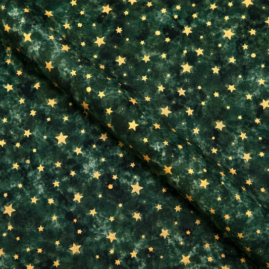 Baumwollstoff Weihnachten grün mit goldenen Sternen und Punkten