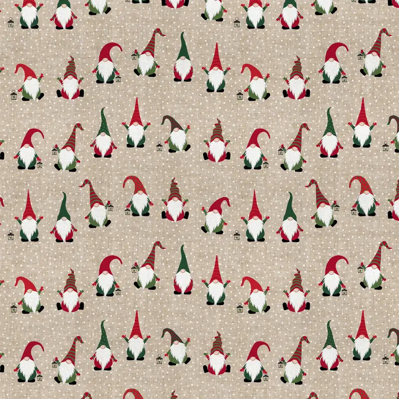 Half Panama Stoff Jolly Tomte mit skandinavischen Weihnachtswichteln auf naturfarbenem Hintergrund
