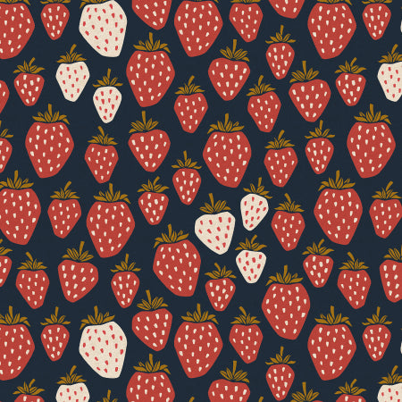 Baumwolle „Under The Apple Tree – Erdbeeren“ von Loes van Oosten. Leichter Stoff für Kleidung und Accessoires. In 2 Farben, auch als Canvas erhältlich.