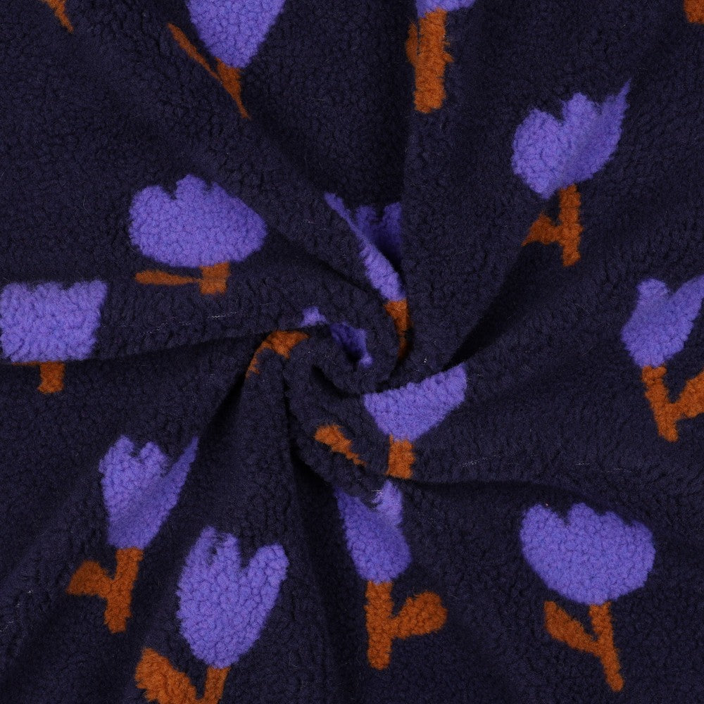 Teddyplüsch mit Blumenmuster dunkelblau vom Meter