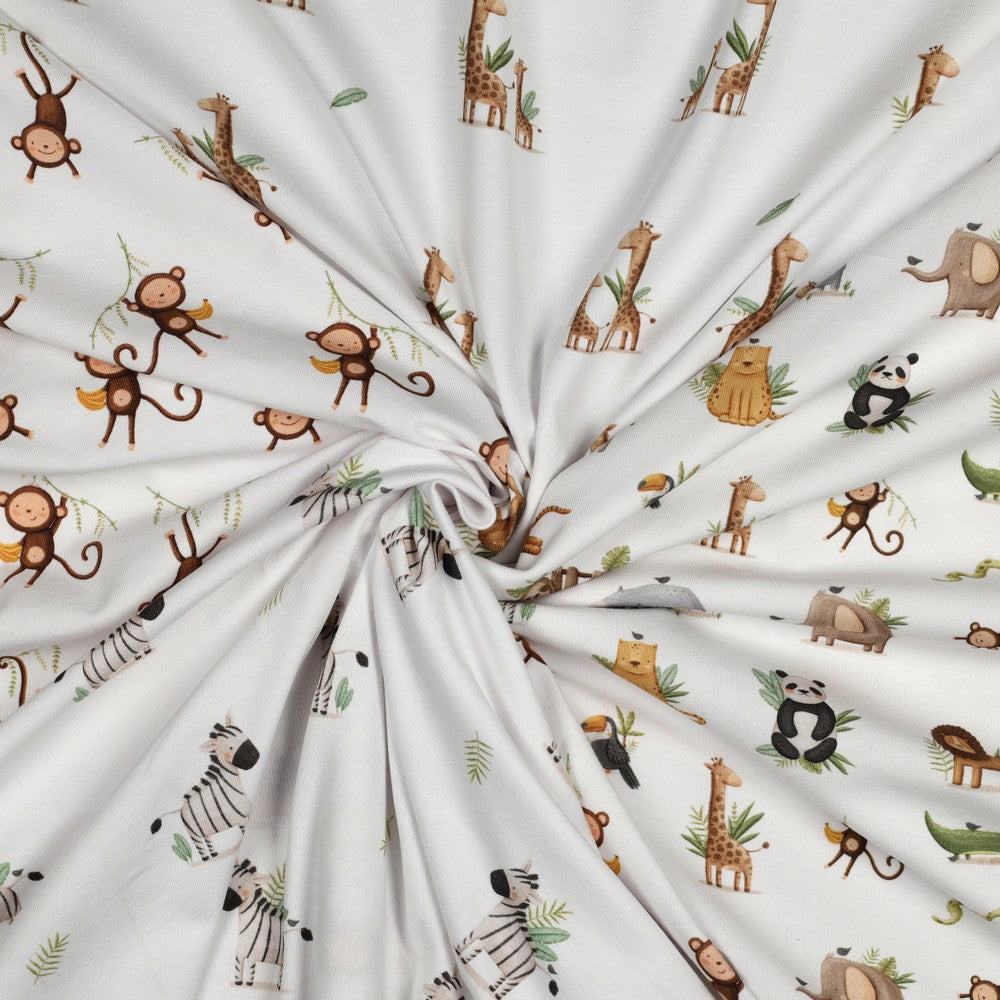 Bio Single Jersey „Wild Life“ – Tiermotive von Affe bis Panda, weich & elastisch, ideal für Kindermode.