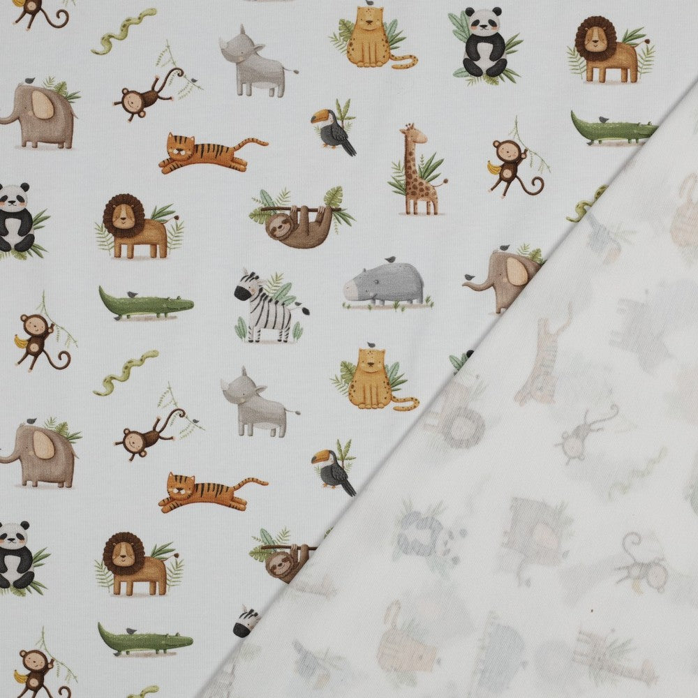 Bio Single Jersey „Wild Life“ – Tiermotive von Affe bis Panda, weich & elastisch, ideal für Kindermode.