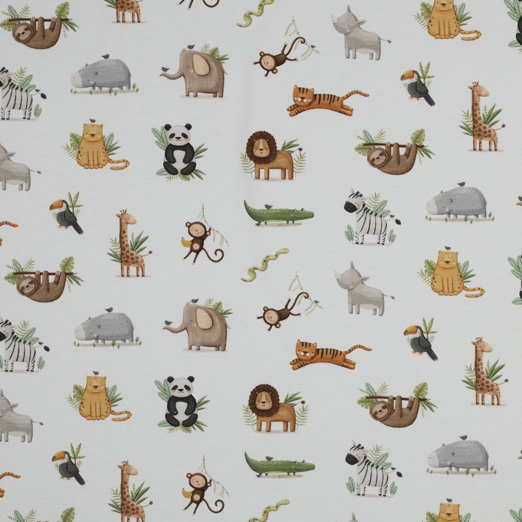 Bio Single Jersey „Wild Life“ – Tiermotive von Affe bis Panda, weich & elastisch, ideal für Kindermode.