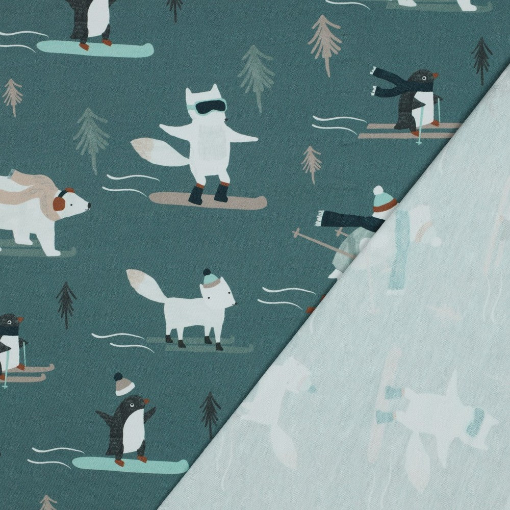 French Terry Winterspaß mit Tieren – Ski- und Snowboard-Motive