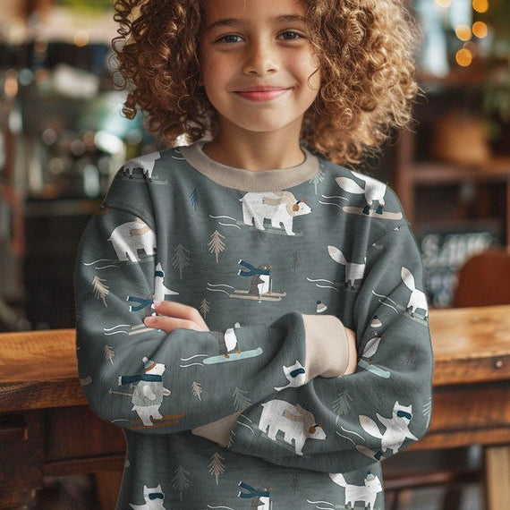 French Terry Winterspaß mit Tieren – Ski- und Snowboard-Motive