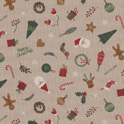 Half Panama Premium Stoff „Xmas Decoration Mix“ mit bunten Weihnachtsdekorationen. Robuster Dekostoff, ideal für Kissen, Tischwäsche und Säckchen.