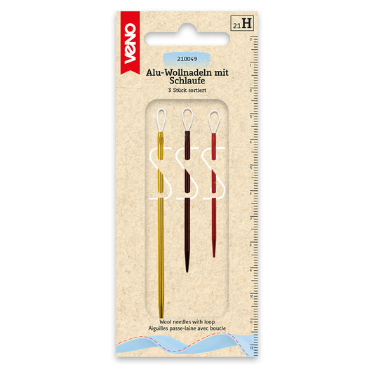 Alu-Wollnadeln mit Schlaufe im Set, drei Größen für unterschiedliche Garnstärken