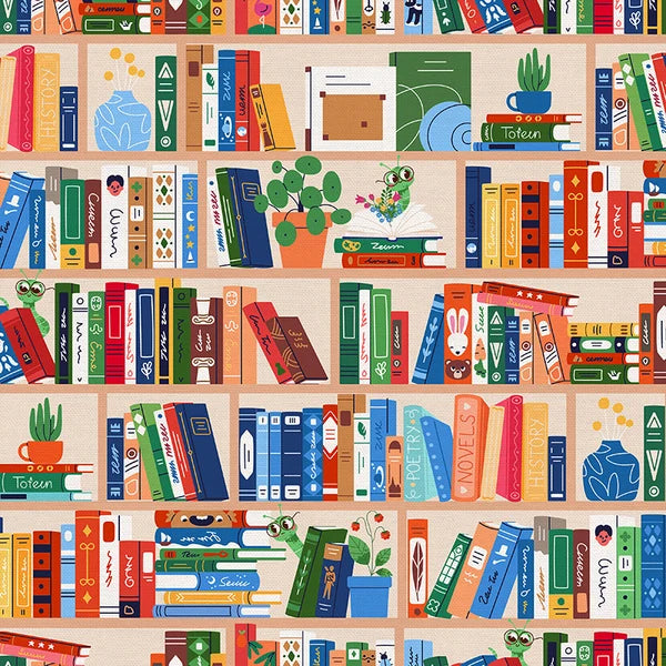 Paintbrush Studio Book Shelves Baumwollstoff mit bunten Bücherregalen, Pflanzen und Bücherwürmern