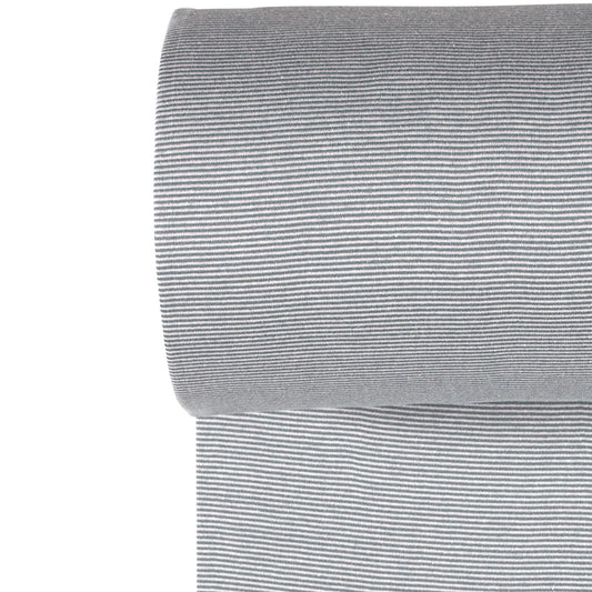 Fein geringeltes Bündchen in Schlauchware. Elastischer Bündchenstoff mit feiner Ringeloptik, ideal für Ärmel, Säume und Kinderkleidung.