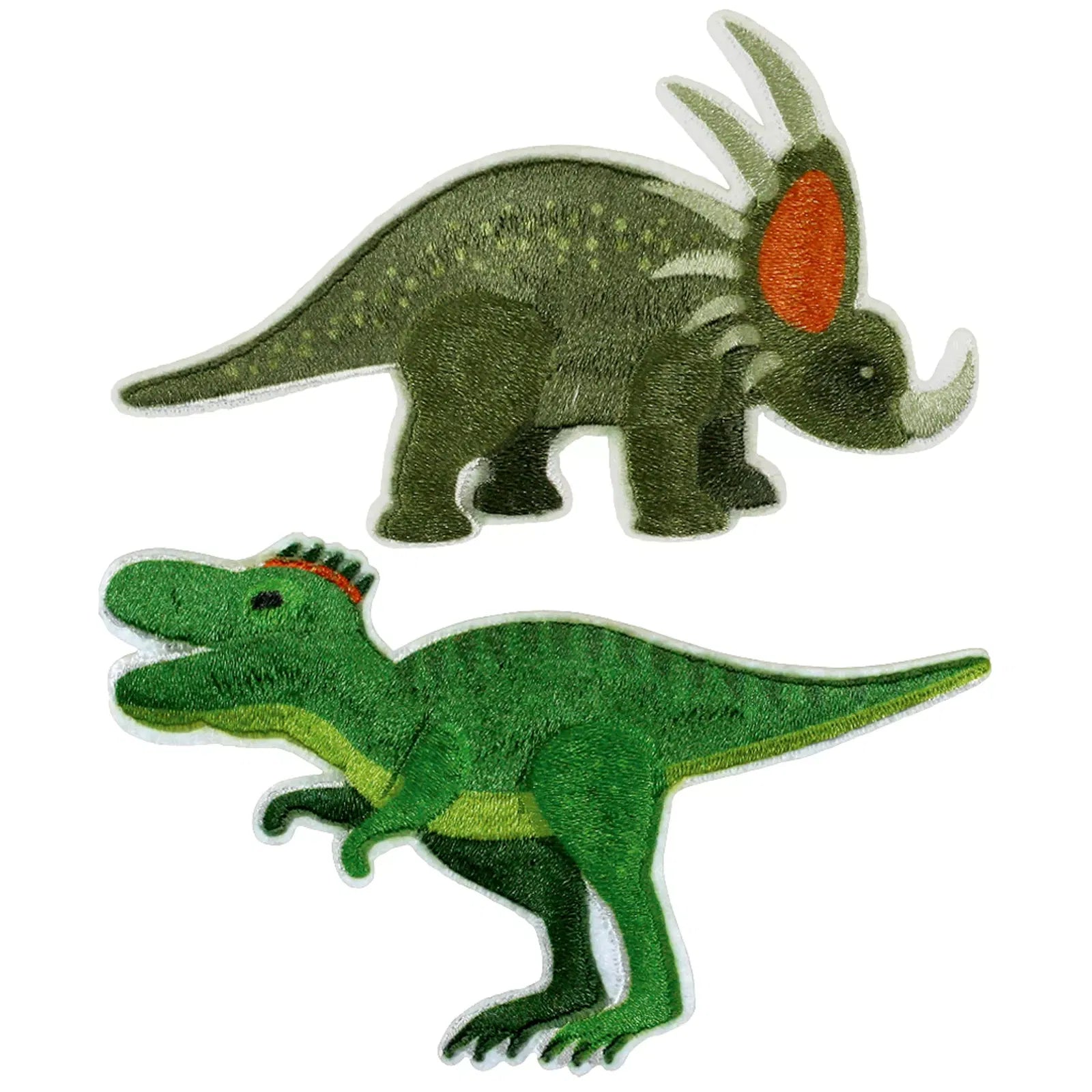 Prym Bügelbilder Dinosaurier im 2er Pack. In Grün/Rot oder Oliv/Grün. Zum Aufbügeln auf Kinderkleidung, Taschen oder Accessoires.