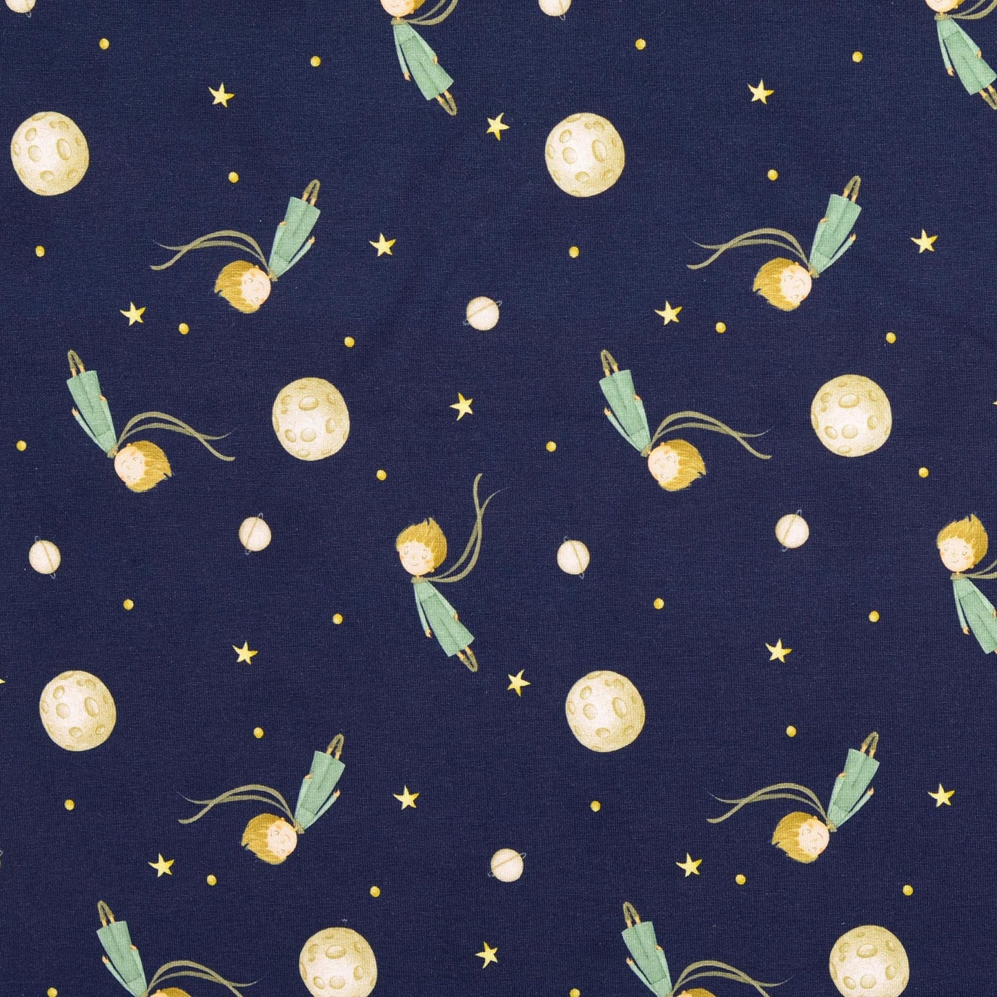 Kinder-Jersey dunkelblau mit gelben Sternen, Mond, Planeten und schwebendem Kind, Baumwolljersey für Kinderkleidung