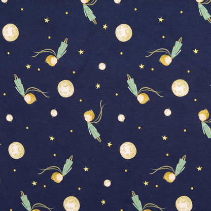 Kinder-Jersey dunkelblau mit gelben Sternen, Mond, Planeten und schwebendem Kind, Baumwolljersey für Kinderkleidung