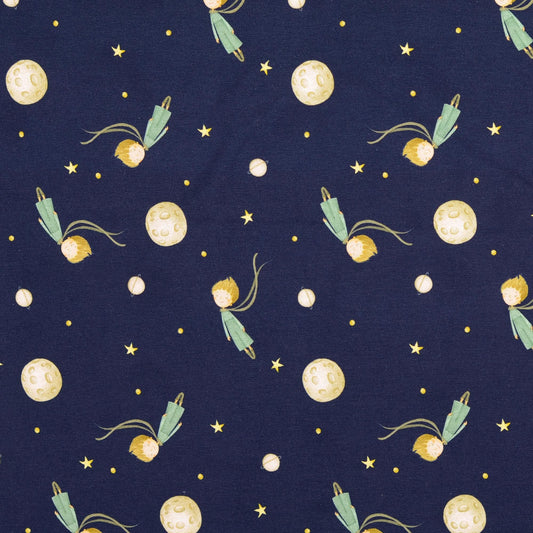 Kinder-Jersey dunkelblau mit gelben Sternen, Mond, Planeten und schwebendem Kind, Baumwolljersey für Kinderkleidung