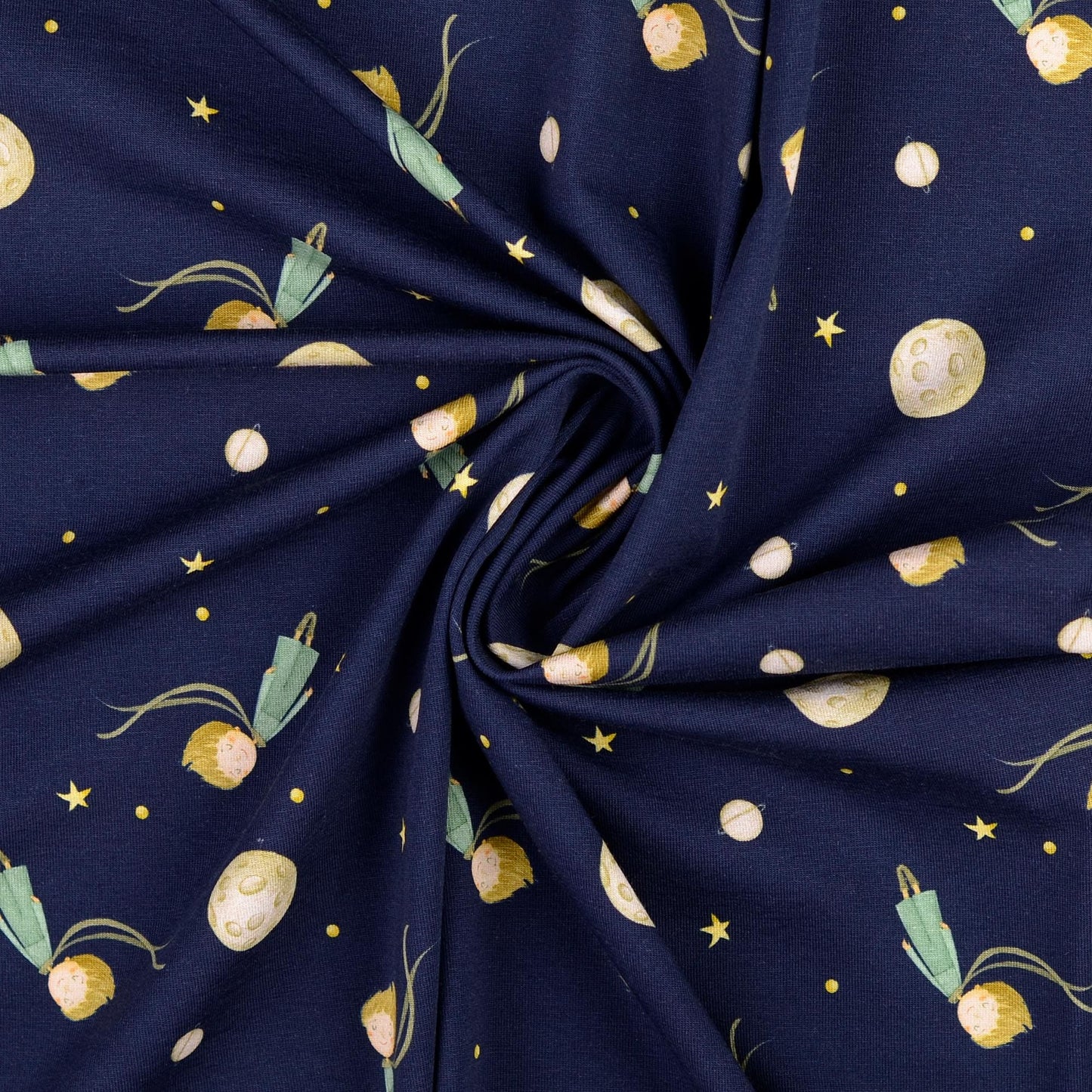 Kinder-Jersey dunkelblau mit gelben Sternen, Mond, Planeten und schwebendem Kind, Baumwolljersey für Kinderkleidung