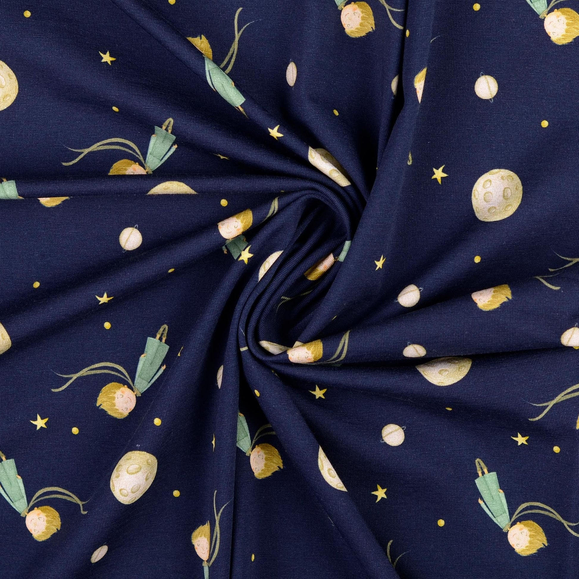 Kinder-Jersey dunkelblau mit gelben Sternen, Mond, Planeten und schwebendem Kind, Baumwolljersey für Kinderkleidung