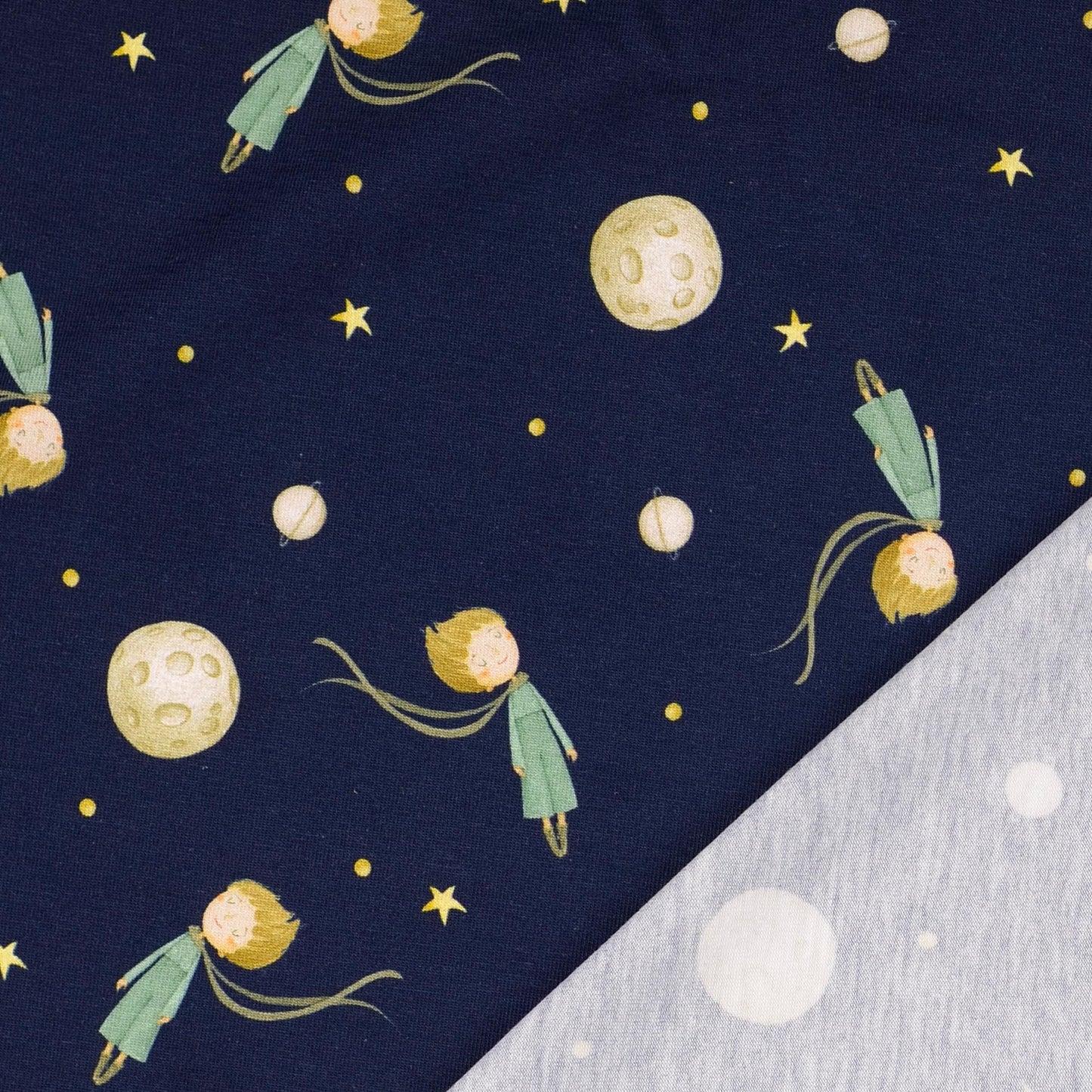Kinder-Jersey dunkelblau mit gelben Sternen, Mond, Planeten und schwebendem Kind, Baumwolljersey für Kinderkleidung