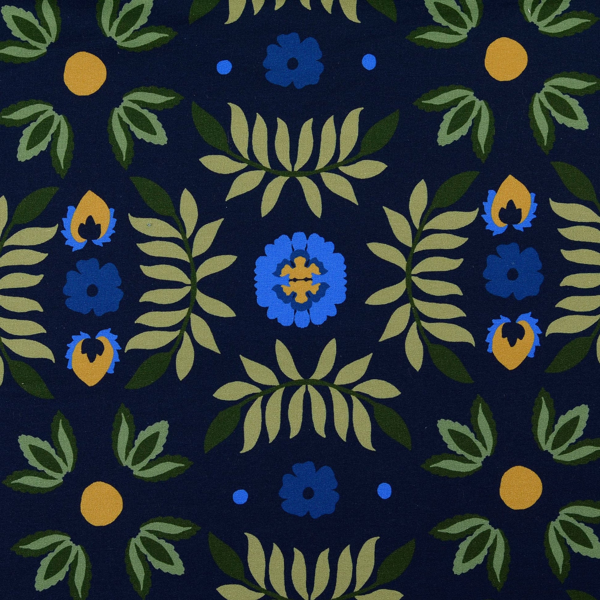 French Terry mit retro Blumen- und Blattmuster, detailreiche florale Gestaltung, weicher Sweatstoff