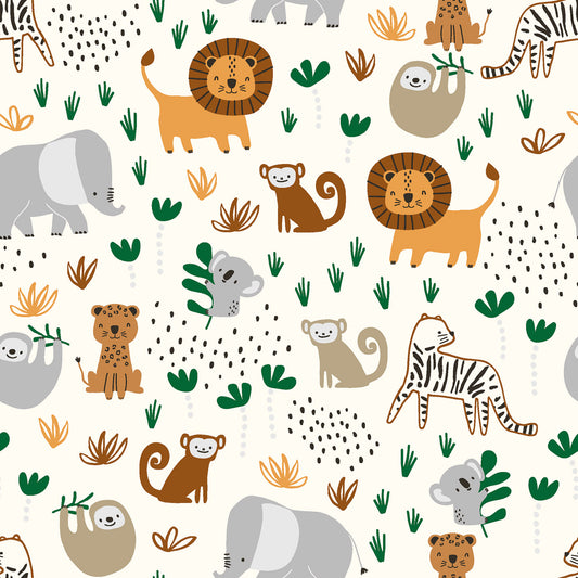 Popeline “Safari & Friends” mit Tiger, Elefant, Löwe, Koala und Faultier. Leichter Baumwollstoff für Kinderkleidung & Accessoires.