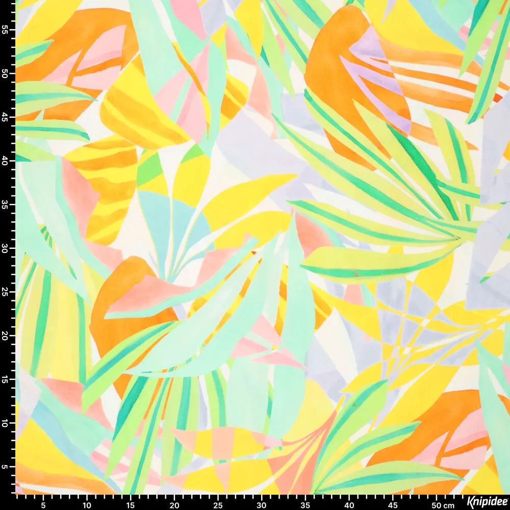 Abstract Paradise Poplin Stretch Gelb mit Digital-Print – 140 cm breit, 140 g/qm für sommerliche Frauenkleidung bei kikkomo.d