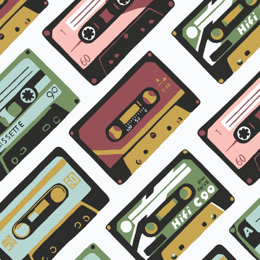Mix Tapes Cloud9 Canvas Collective, Bio-Canvas mit Retro-Kassetten-Design. Robuster Stoff für Taschen, Rucksäcke, Kissen und kreative Wohnaccessoires.