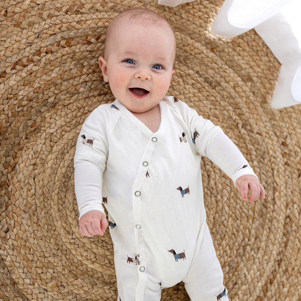 Jersey “Cozy Dachshunds” mit kleinen Dackeln im Pullover. Weicher, elastischer Stoff für Kinderkleidung und Accessoires.