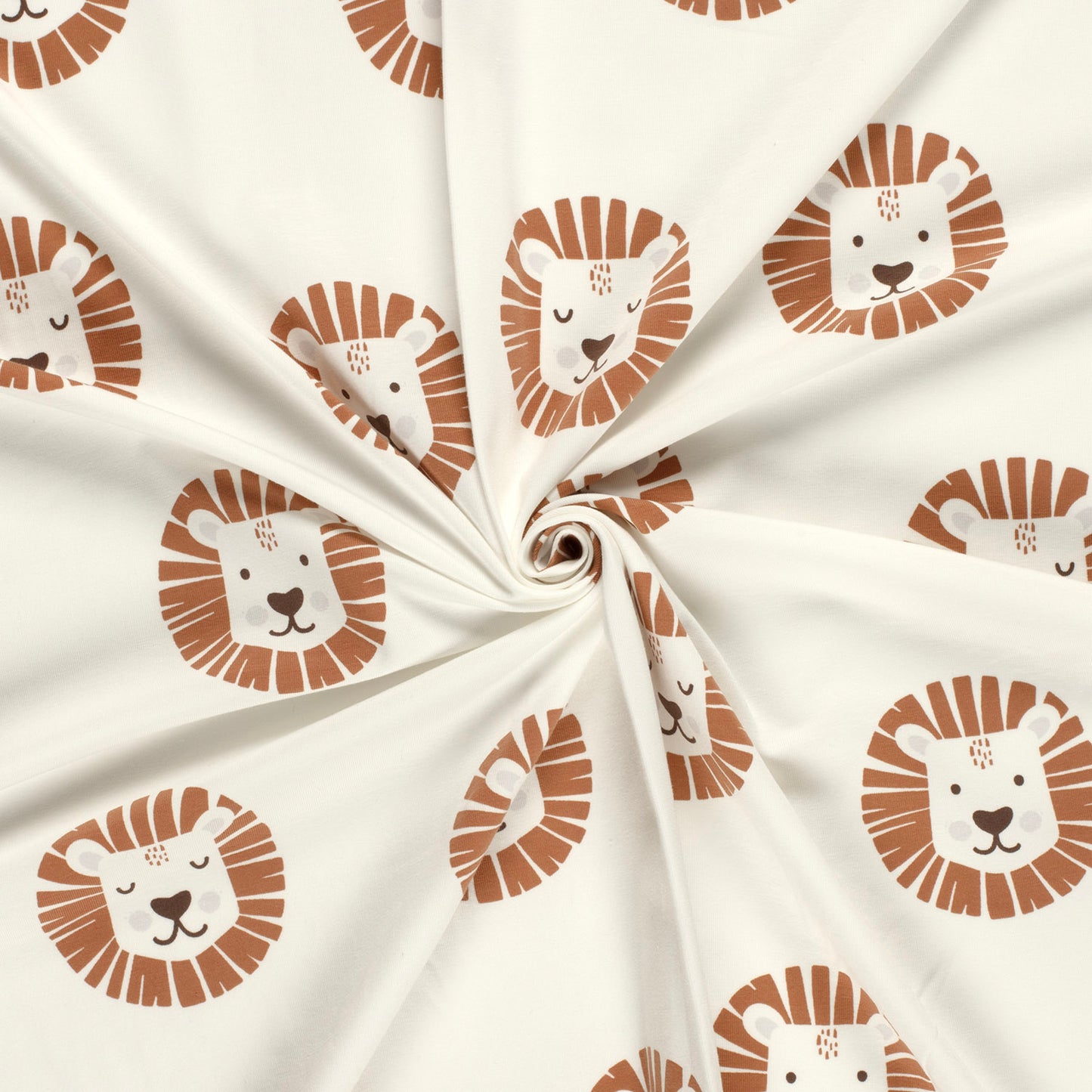 Kinderjersey mit Löwenköpfen, teils mit offenen, teils mit geschlossenen Augen. Weicher, elastischer Stoff für Kindermode.