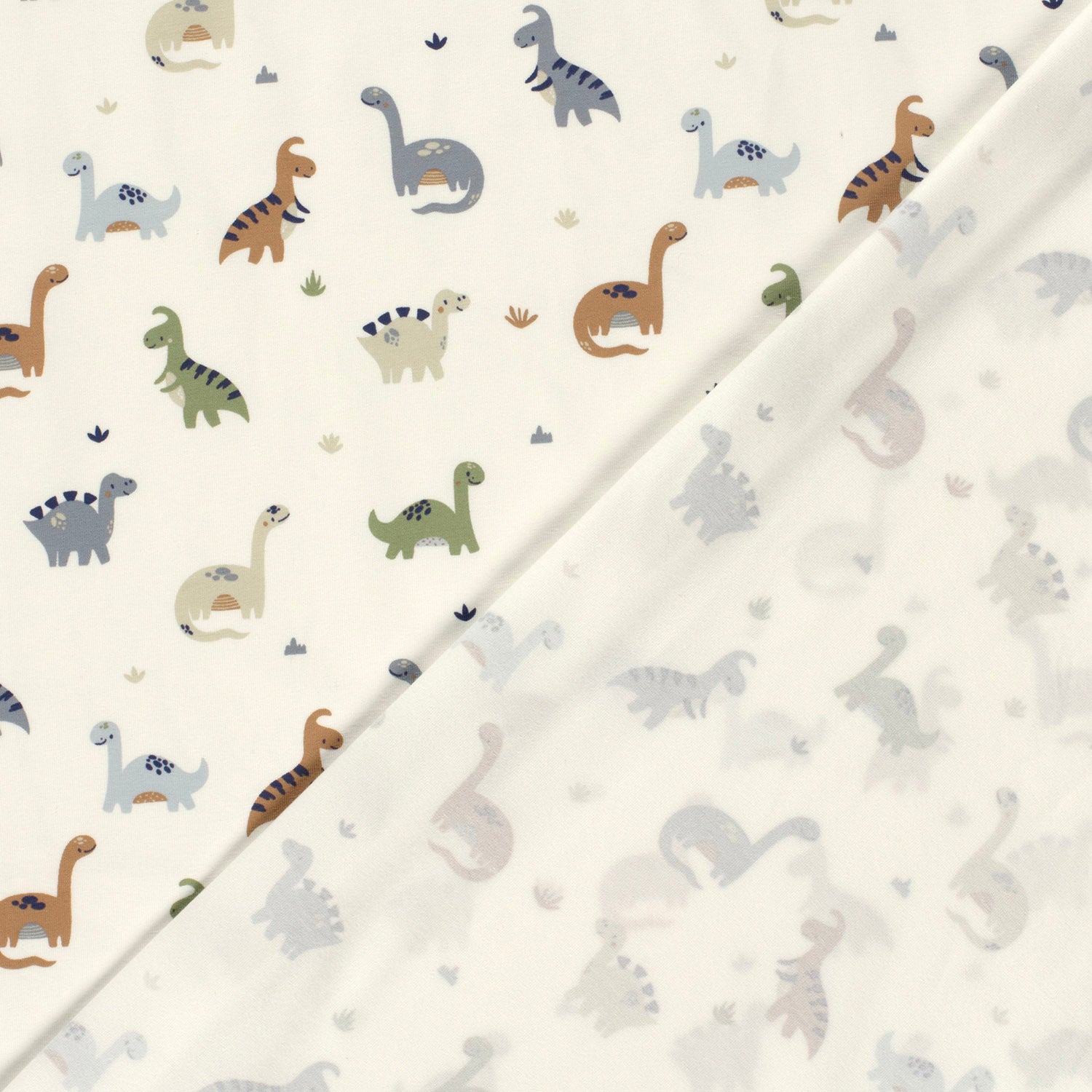 Kinderjersey mit kleinen Dinosauriern. Weicher, elastischer Stoff für Kindermode wie Shirts, Hosen, Kleider und Schlafanzüge.