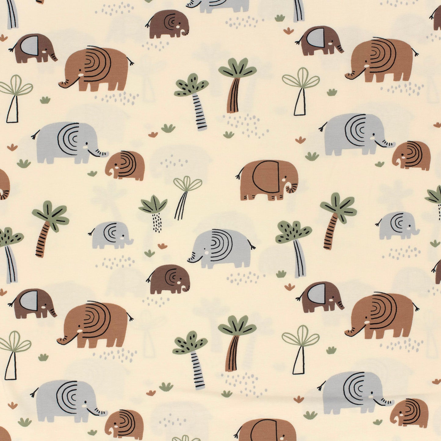 Kinderjersey mit Elefantenmotiv. Weicher, elastischer Baumwolljersey, ideal für Kindermode wie Shirts, Hosen und Kleider.