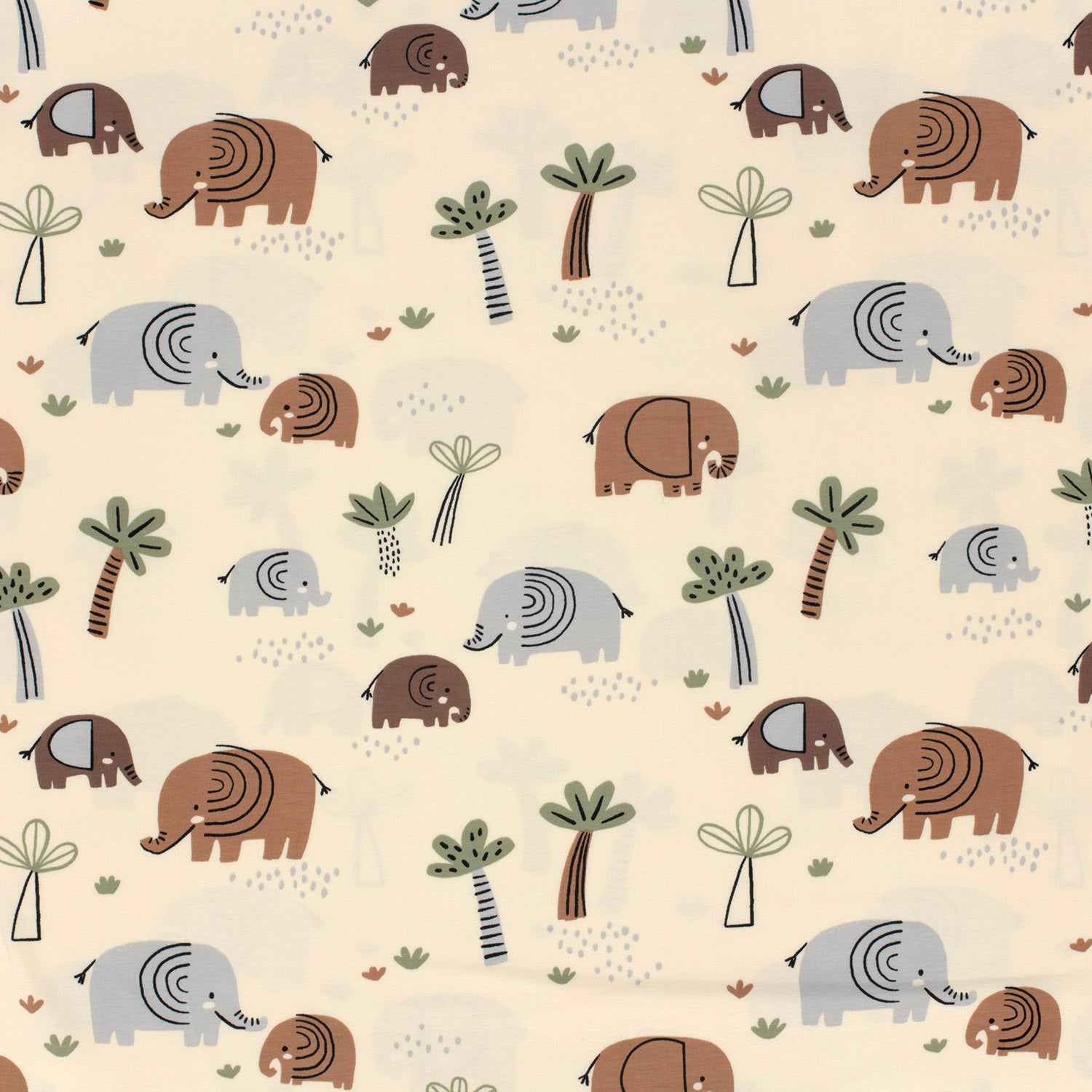 Kinderjersey mit Elefantenmotiv. Weicher, elastischer Baumwolljersey, ideal für Kindermode wie Shirts, Hosen und Kleider.